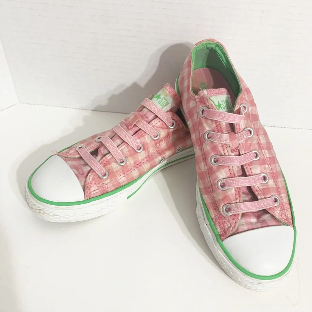 Converse All Star Low Profile Pink & Green Plaid Lace Up Textile Sneakers 🩷💚
